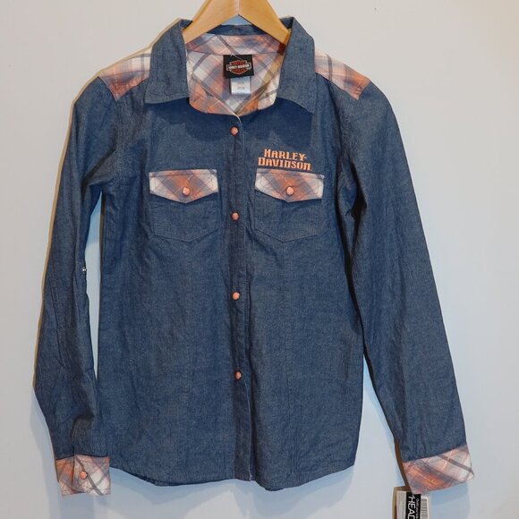 NWT HARLEY DAVIDSON girls shirt denim plaid pearl snap 10 moto western spellout - Picture 1 of 16